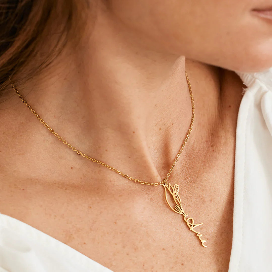 Custom birth flower name necklace